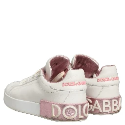 White Pink Leather Low Top Sneakers Shoes