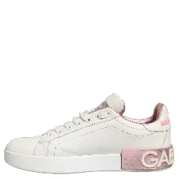 White Pink Leather Low Top Sneakers Shoes