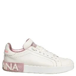 White Pink Leather Low Top Sneakers Shoes