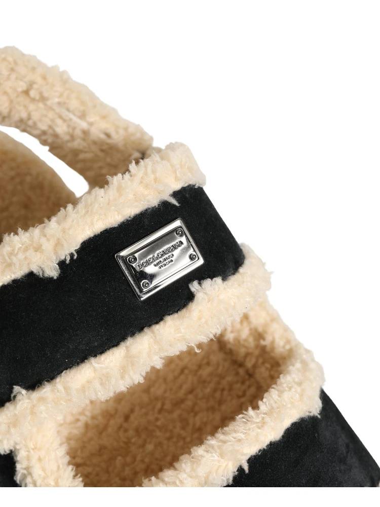 Beige Black Faux Fur Flats Men Sandals Shoes