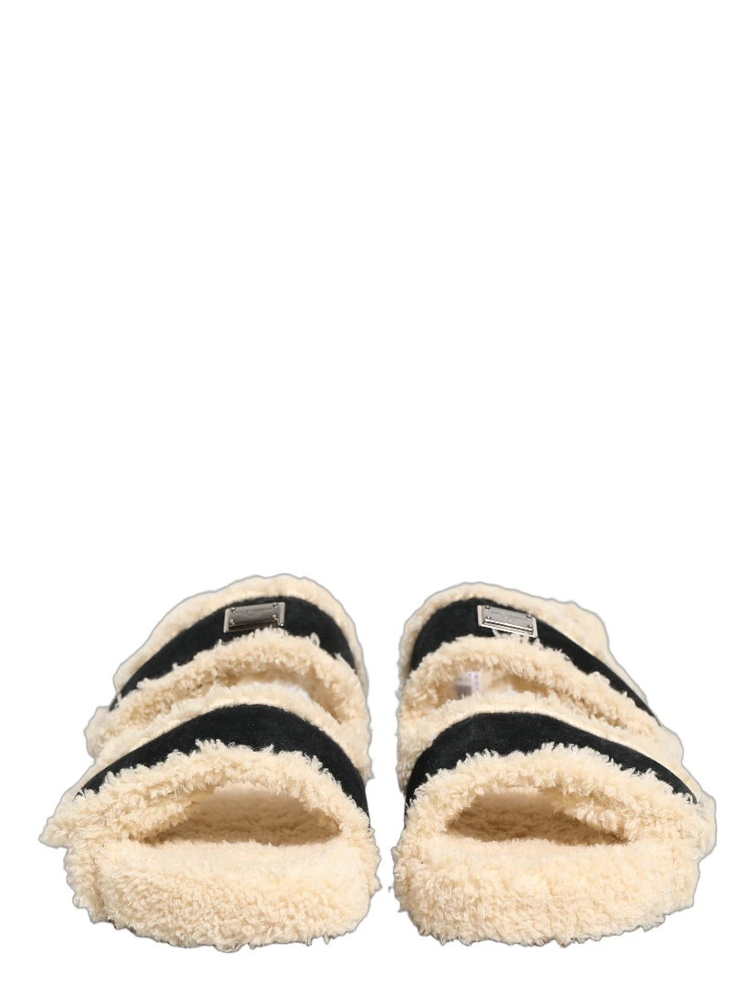 Beige Black Faux Fur Flats Men Sandals Shoes