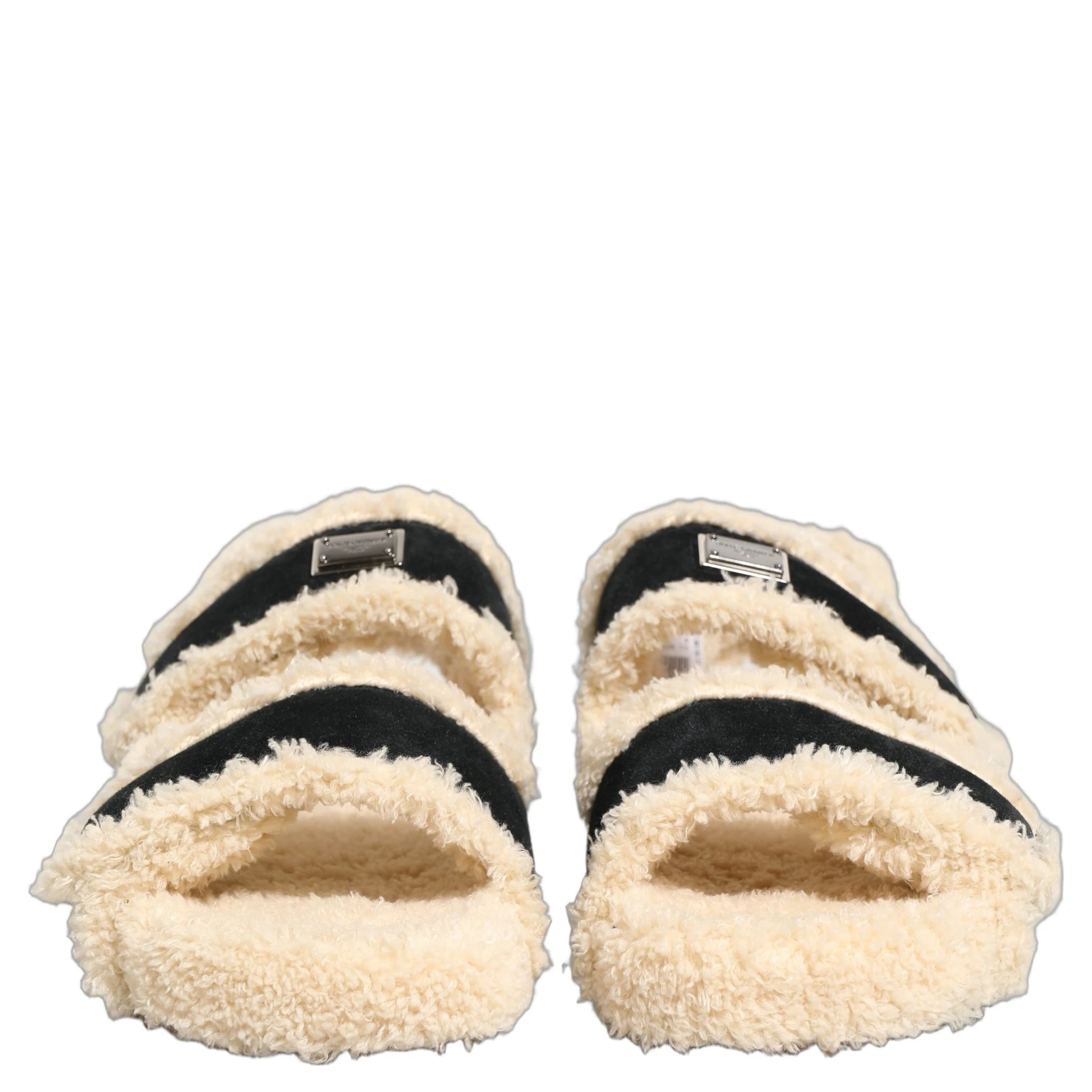Beige Black Faux Fur Flats Men Sandals Shoes