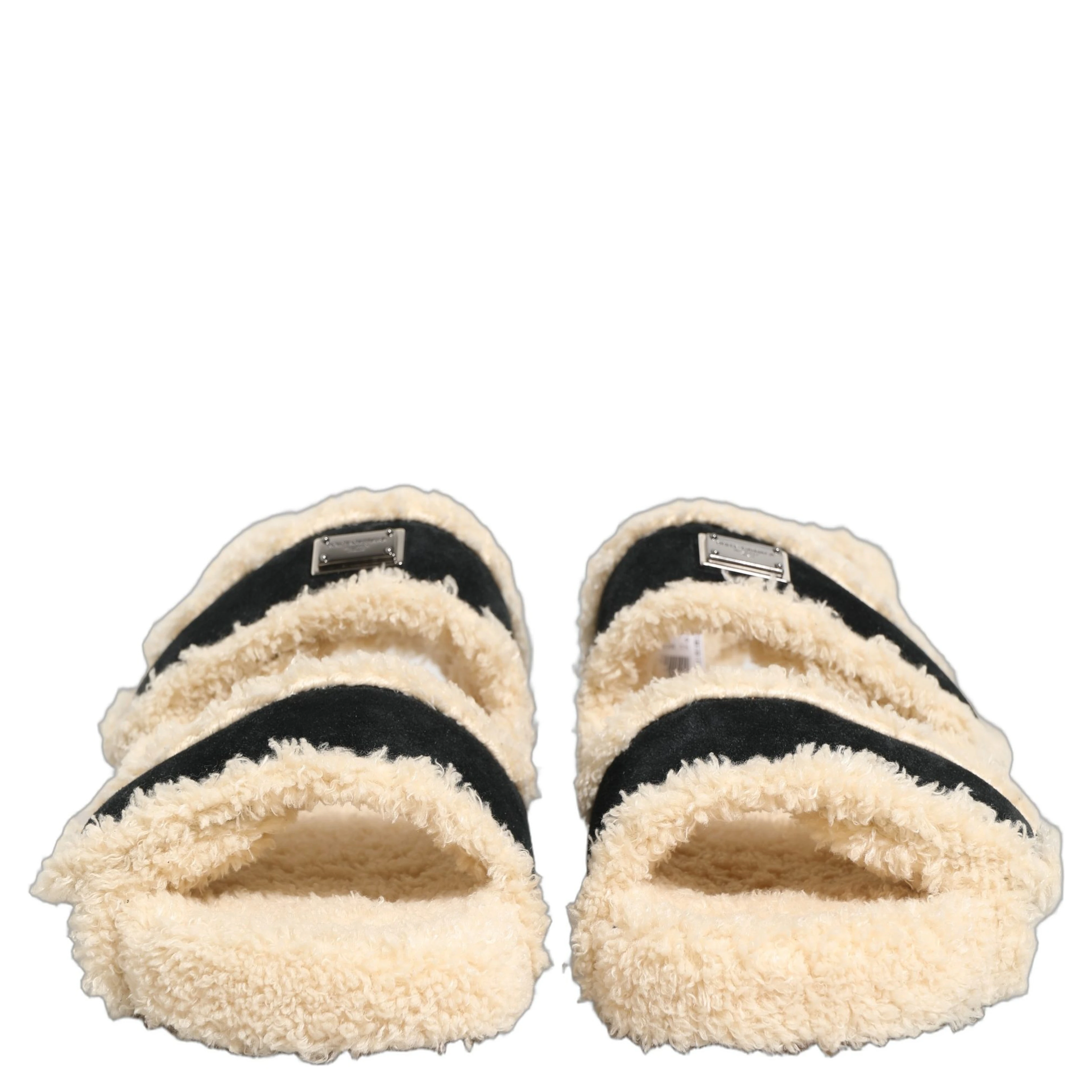 Beige Black Faux Fur Flats Men Sandals Shoes