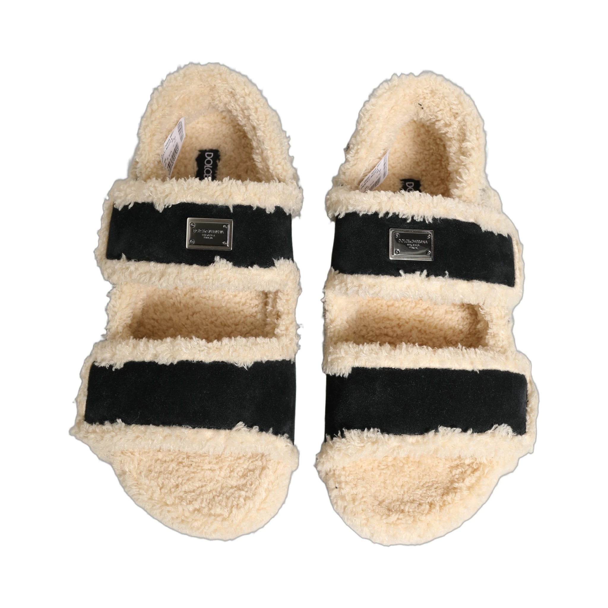 Beige Black Faux Fur Flats Men Sandals Shoes