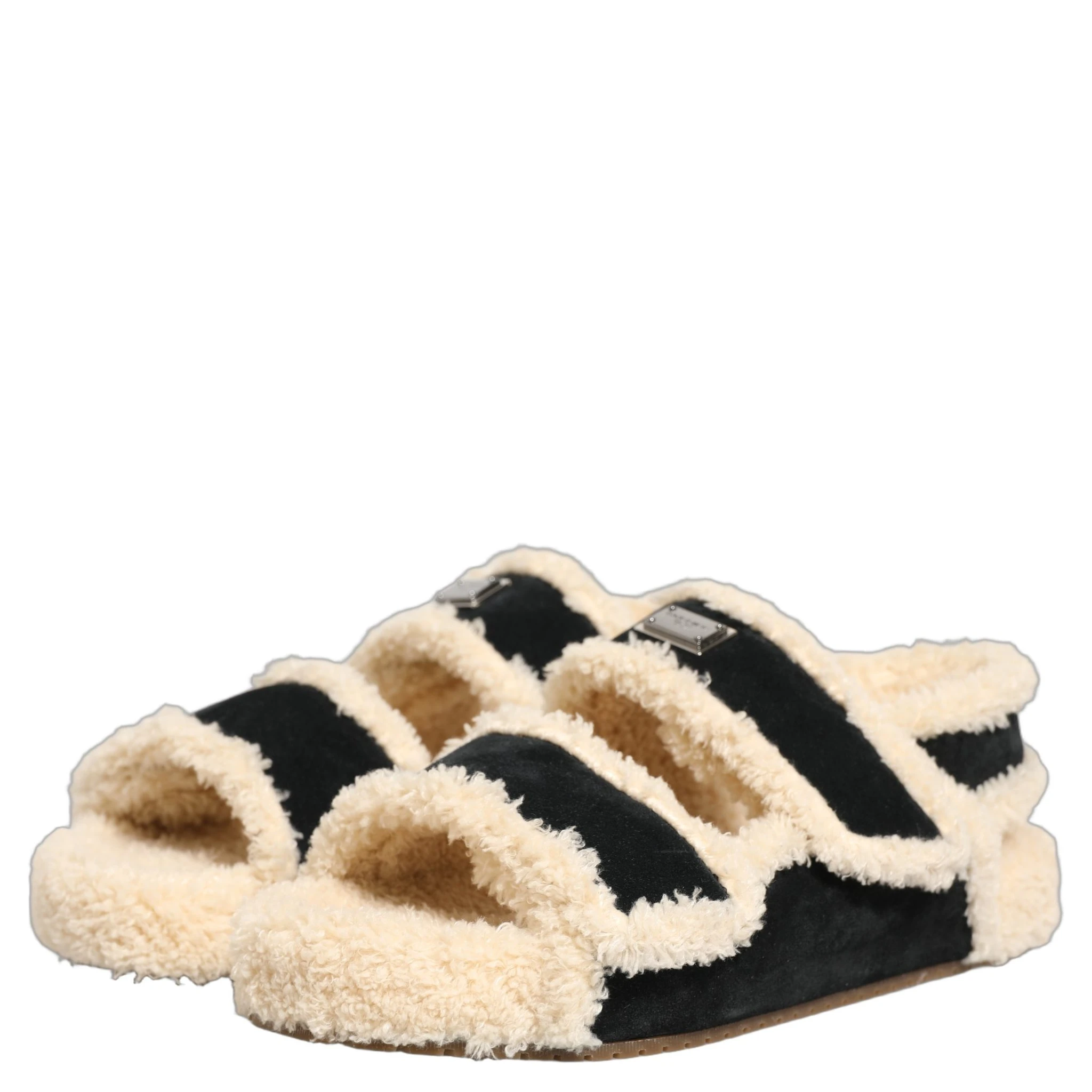 Beige Black Faux Fur Flats Men Sandals Shoes