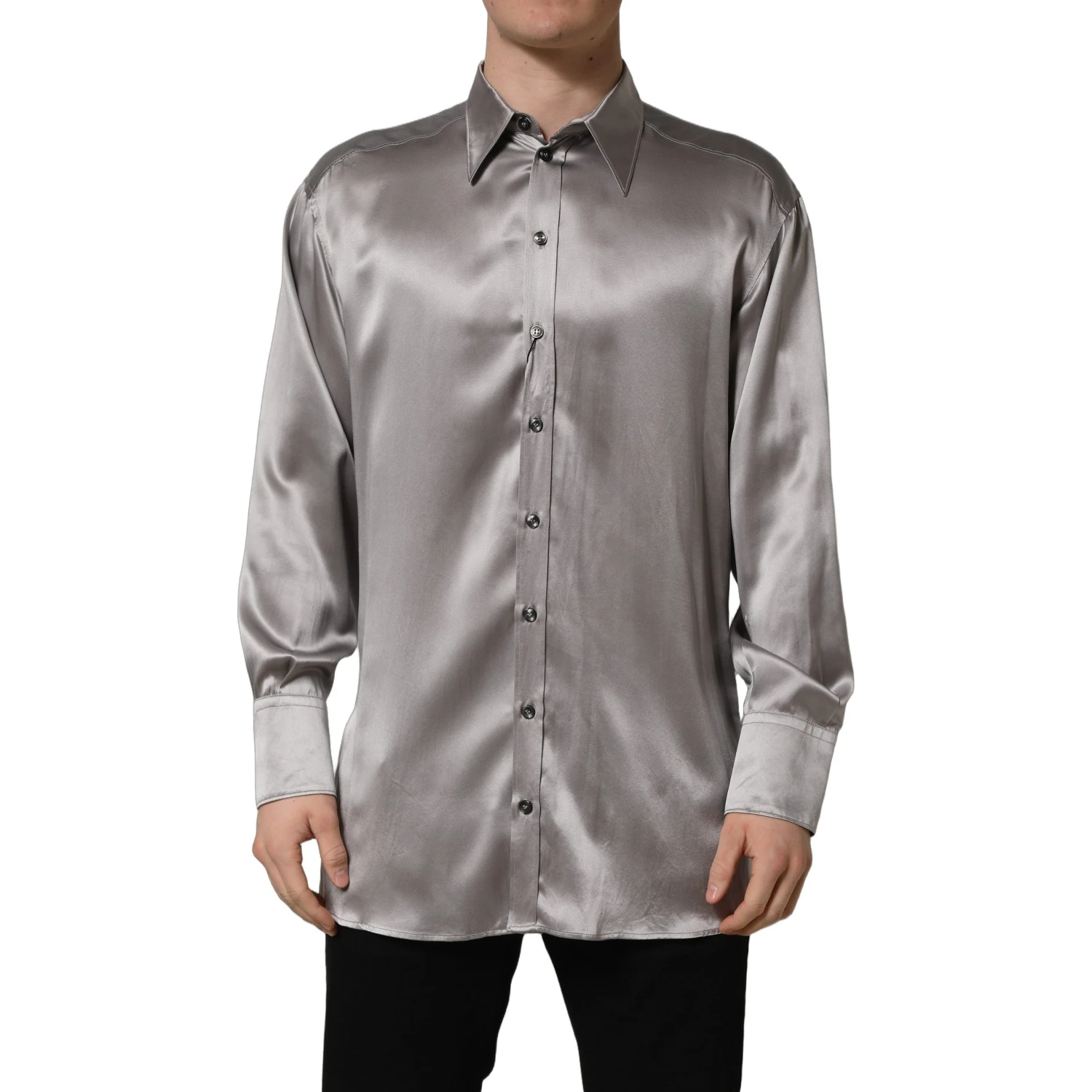 Metallic Grey Satin Silk Formal Dress Shirt