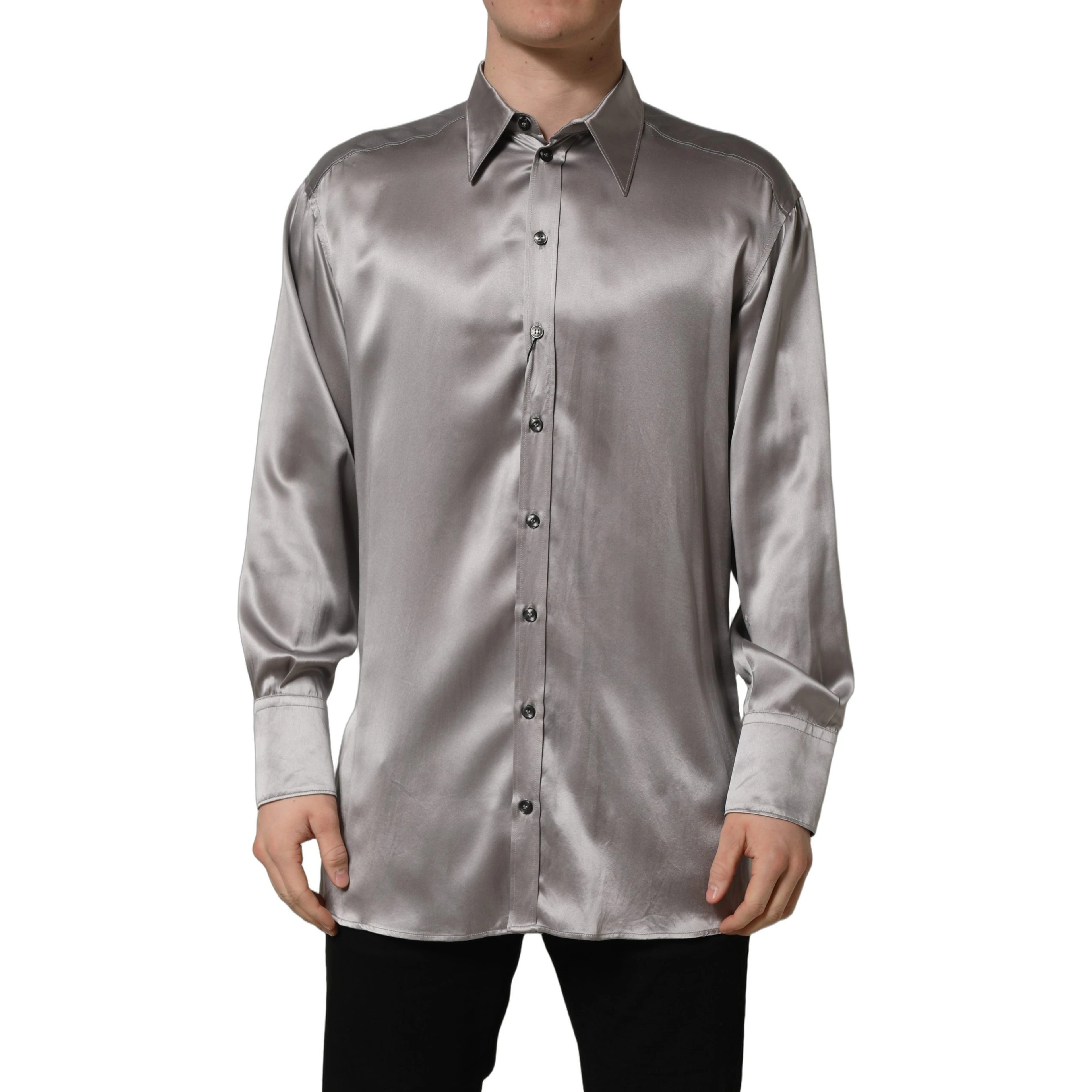 Metallic Grey Satin Silk Formal Dress Shirt