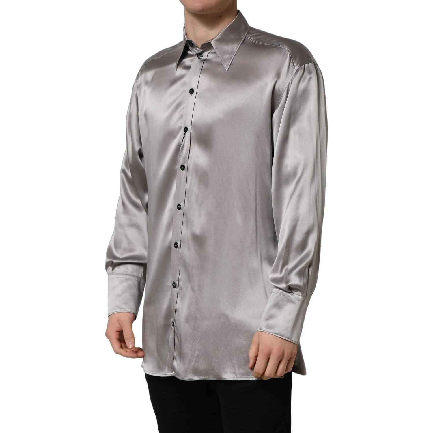 Metallic Grey Satin Silk Formal Dress Shirt