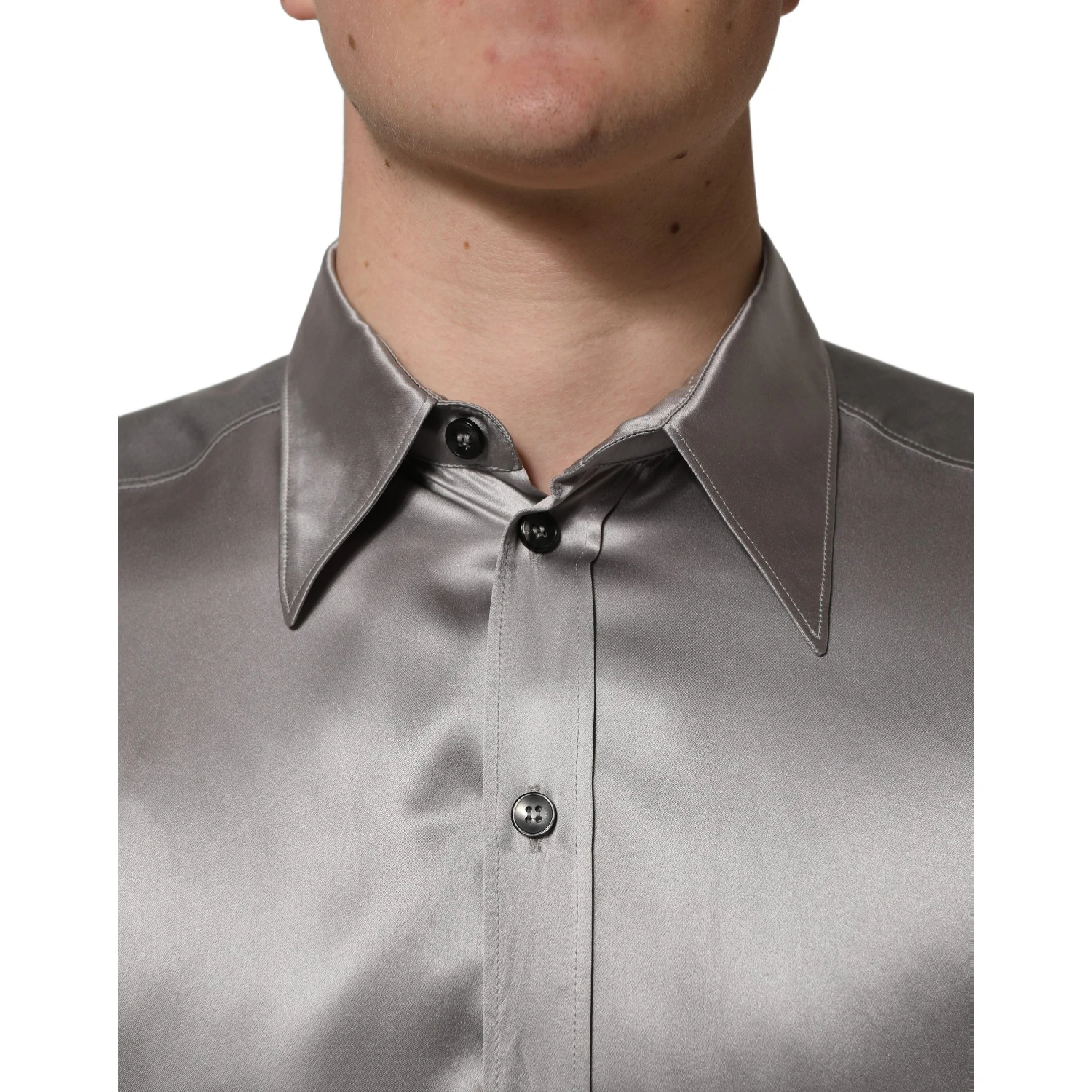 Metallic Grey Satin Silk Formal Dress Shirt