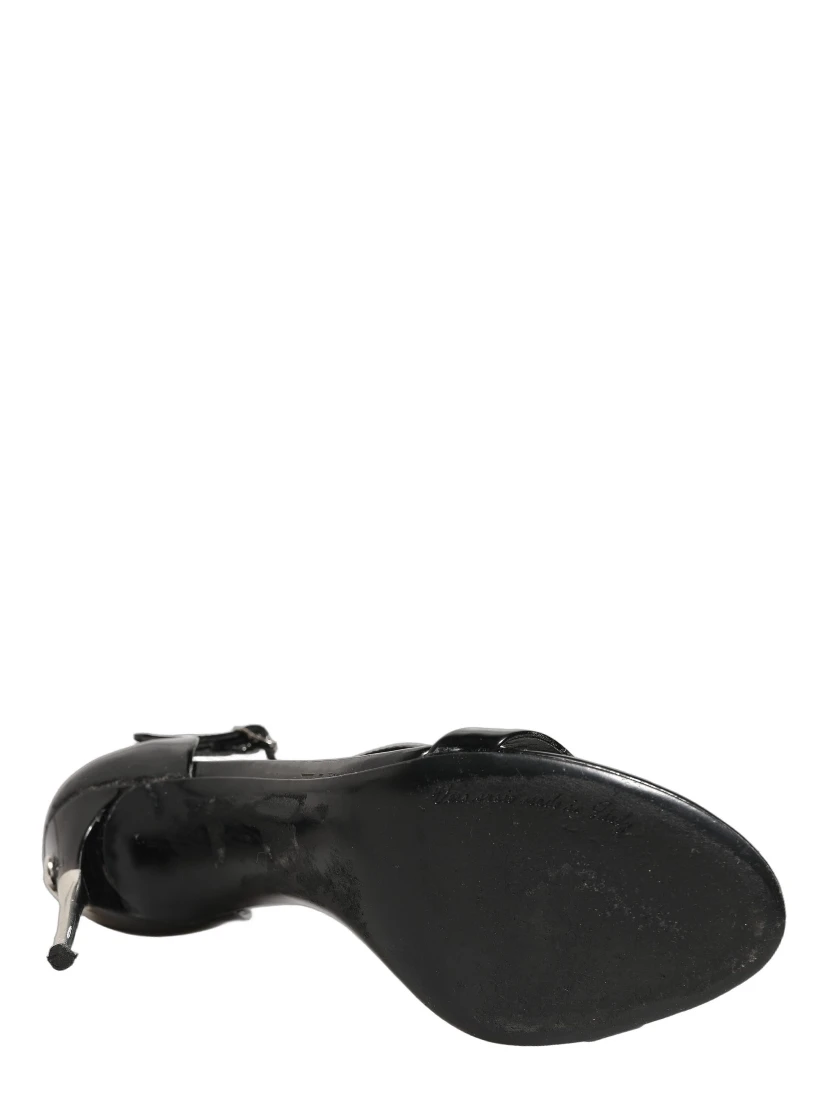 Black Leather T-strap Heels Sandals Shoes