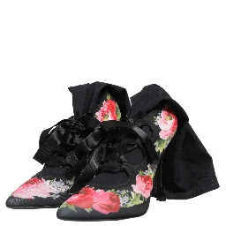 Black Floral Stiletto Mid Calf Boots Shoes