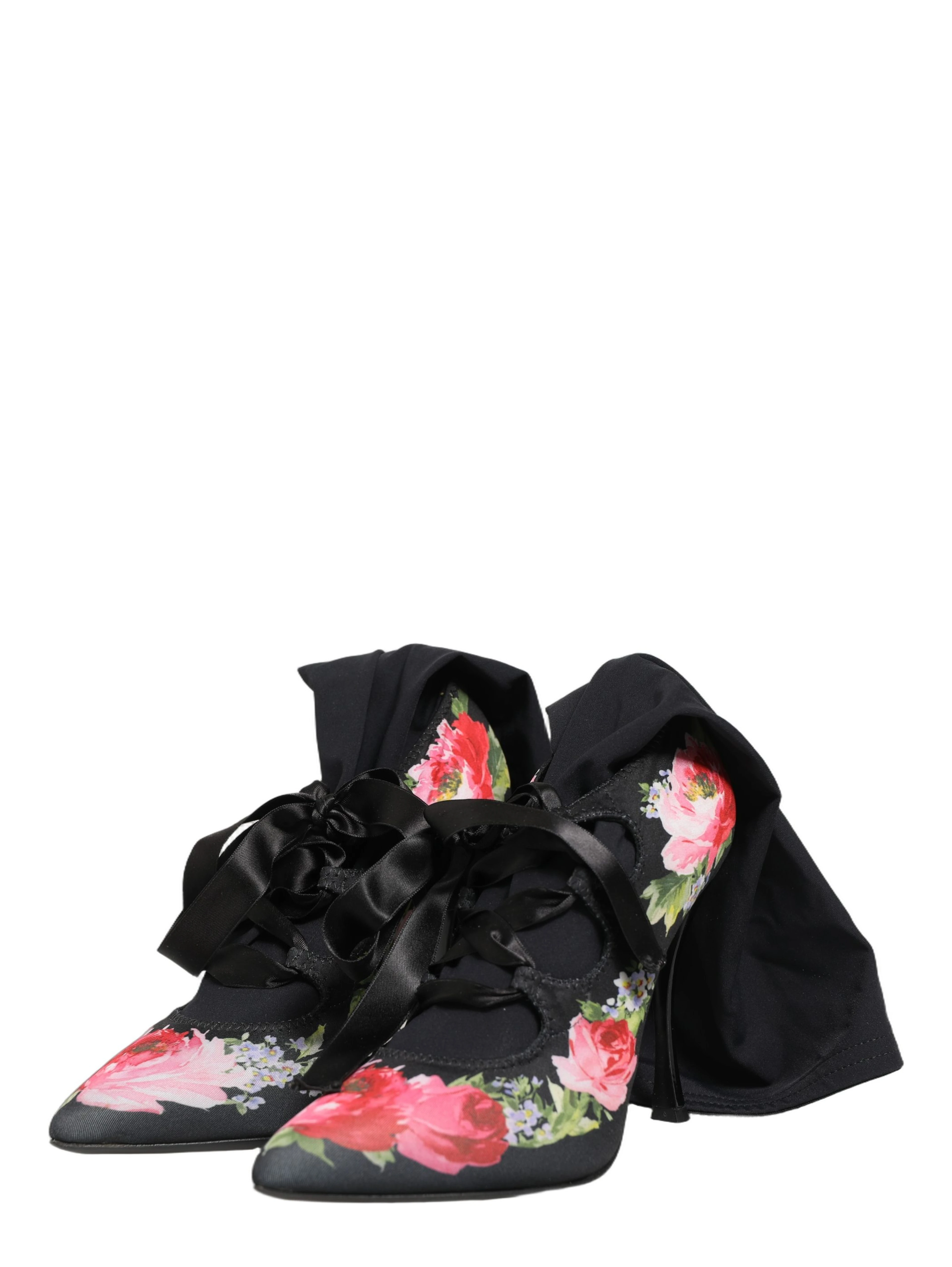 Black Floral Stiletto Mid Calf Boots Shoes