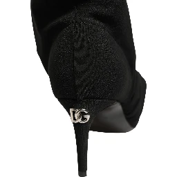 Black Stretch Socks Heels Ankle Boots Shoes