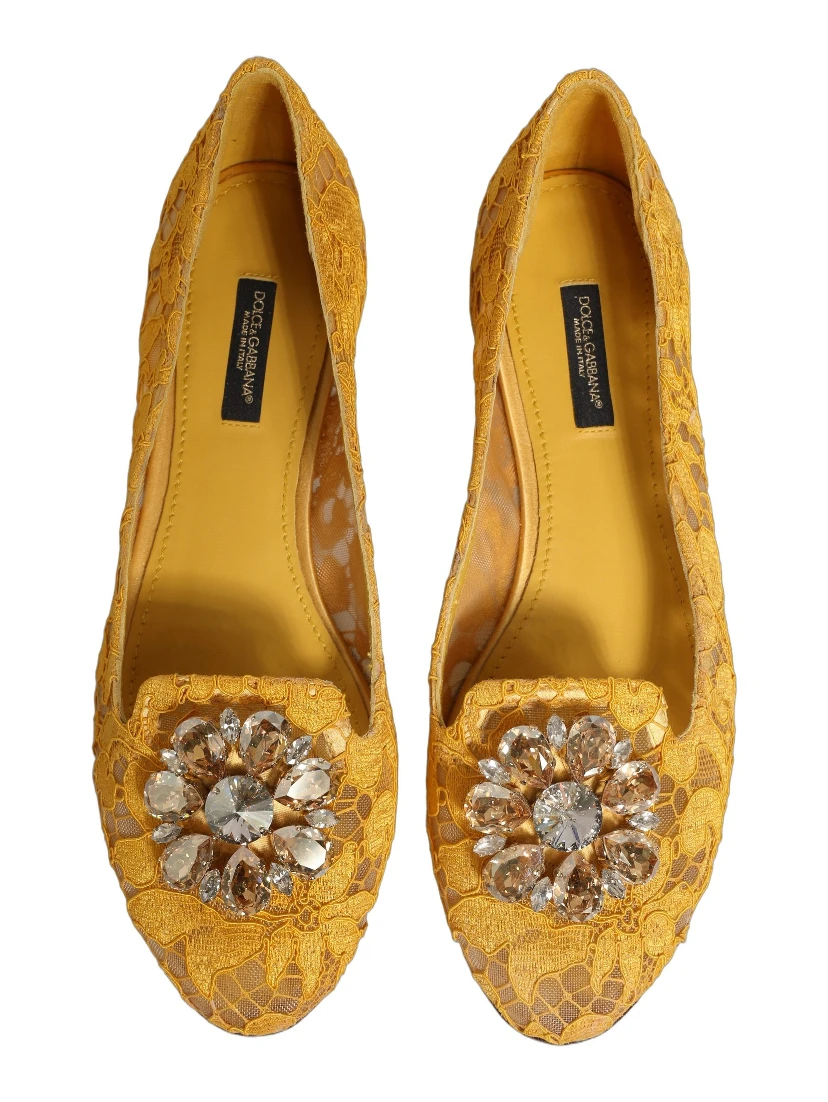 Yellow Taormina Lace Crystals Flats Shoes