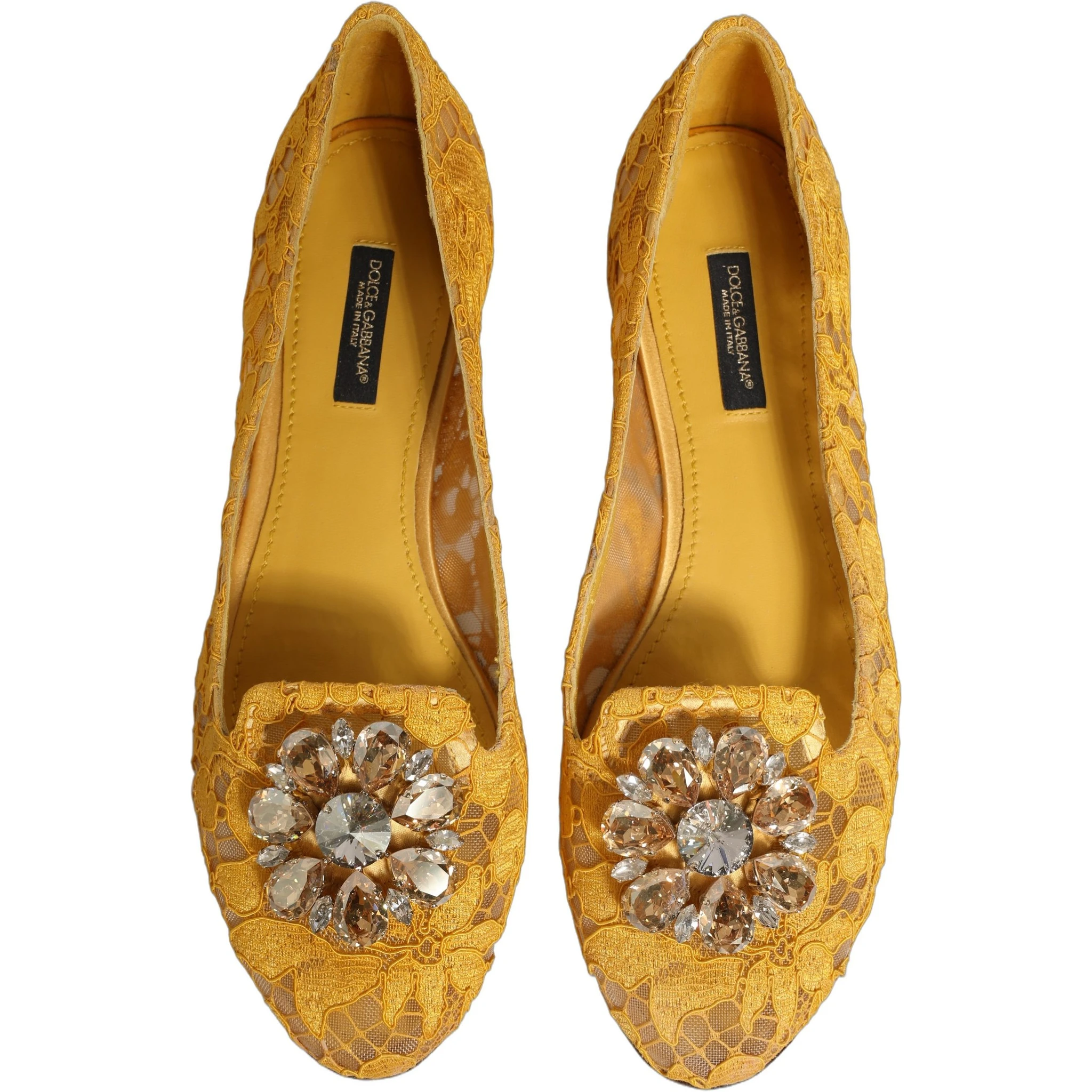 Yellow Taormina Lace Crystals Flats Shoes