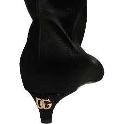 Black Satin Knee High Kitten Boots Shoes
