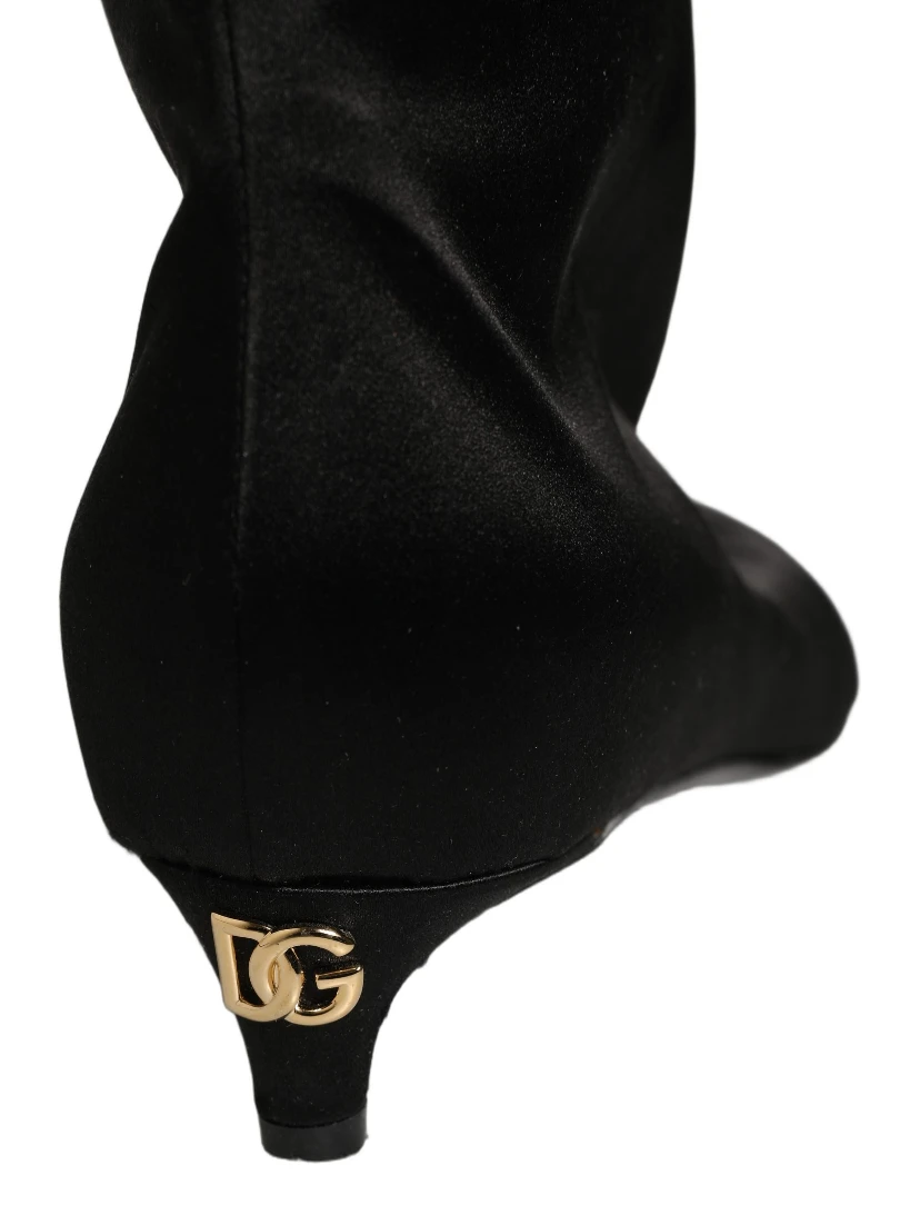 Black Satin Knee High Kitten Boots Shoes