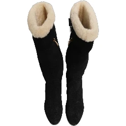 Suede Leather Knee High Boots Black