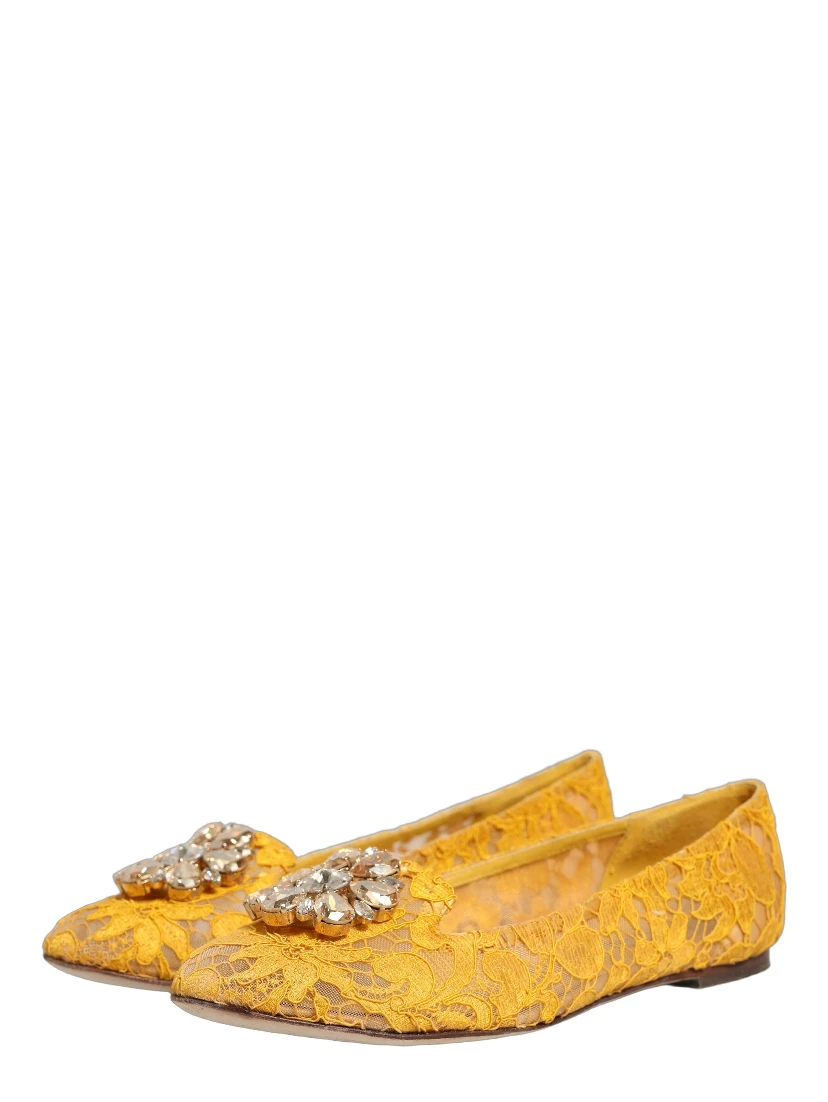 Yellow Taormina Lace Crystals Flats Shoes