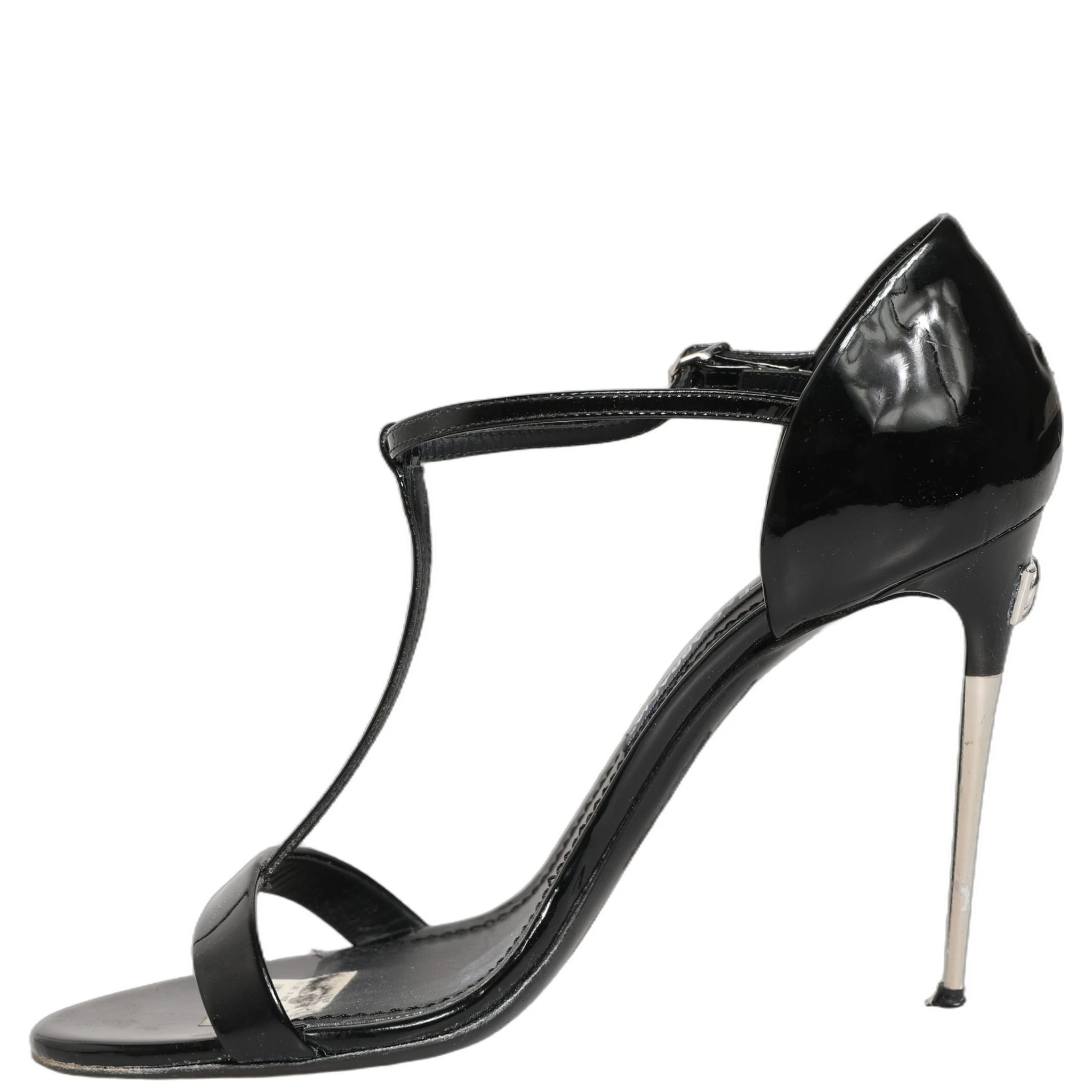 Black Leather T-strap Heels Sandals Shoes