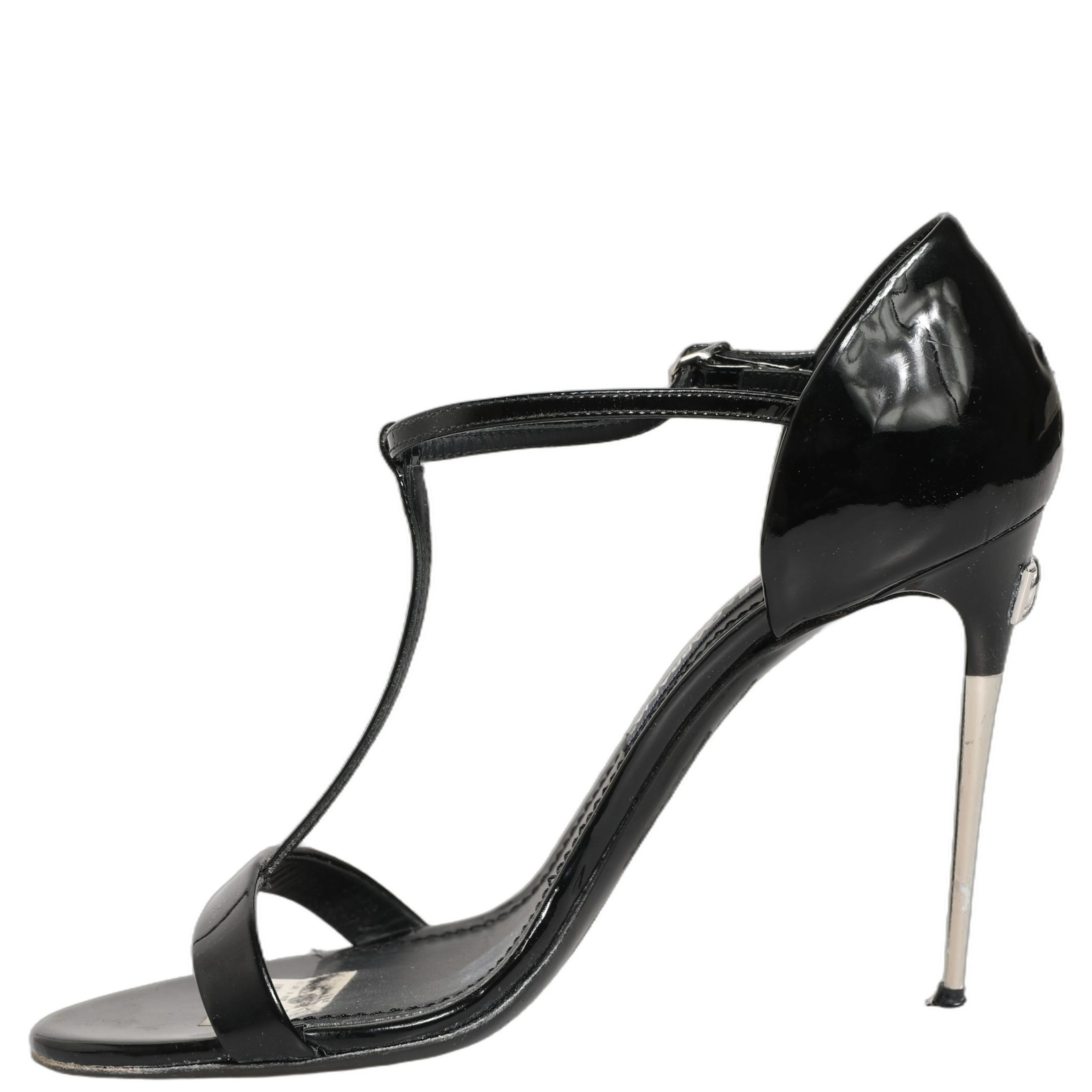 Black Leather T-strap Heels Sandals Shoes