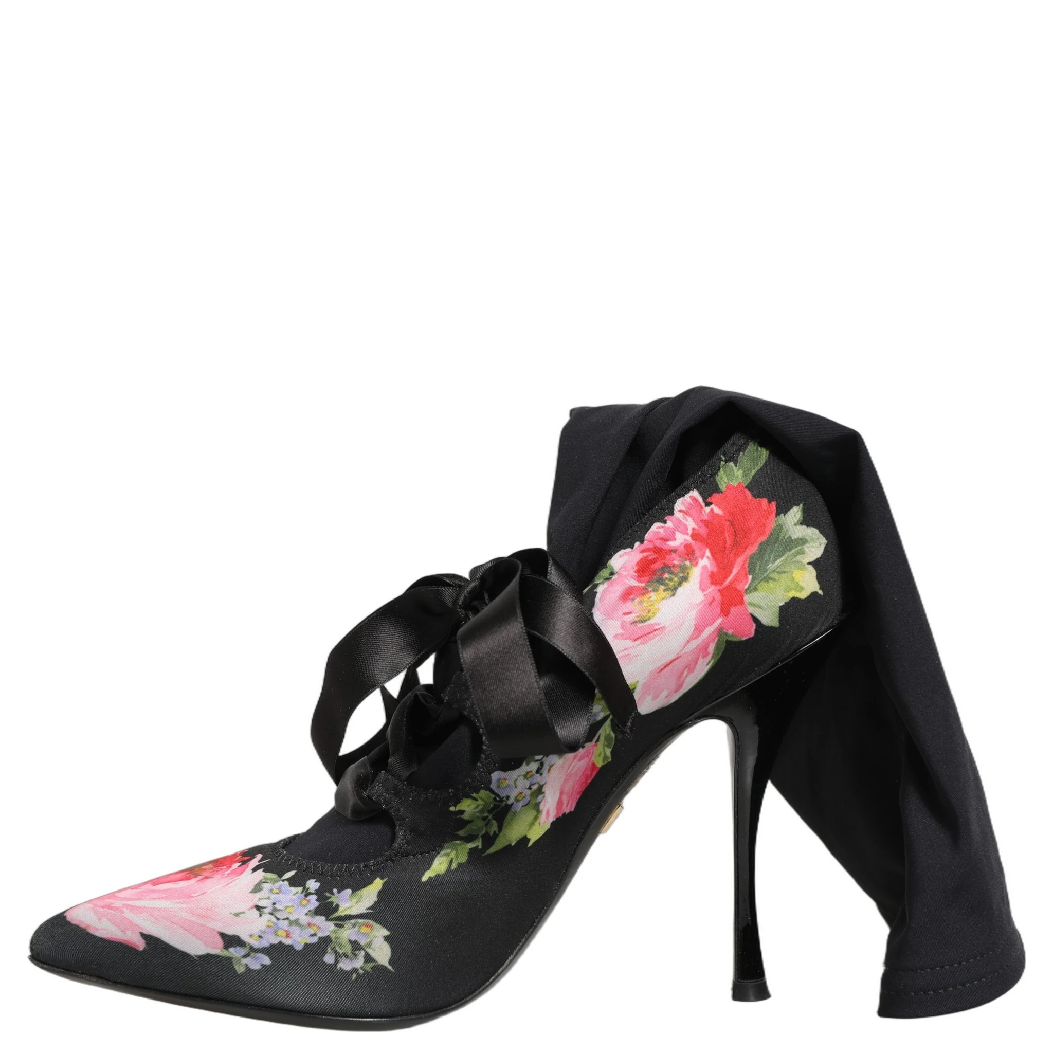 Black Floral Stiletto Mid Calf Boots Shoes