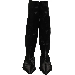 Black Satin Knee High Kitten Boots Shoes