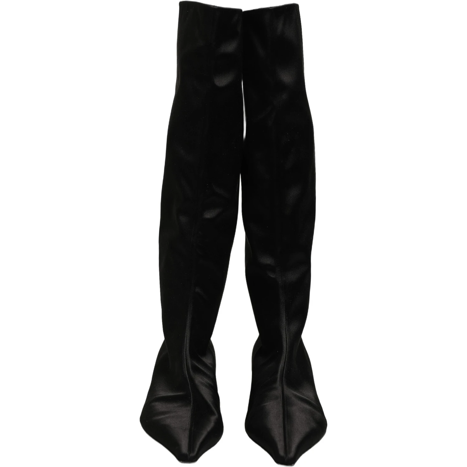 Black Satin Knee High Kitten Boots Shoes