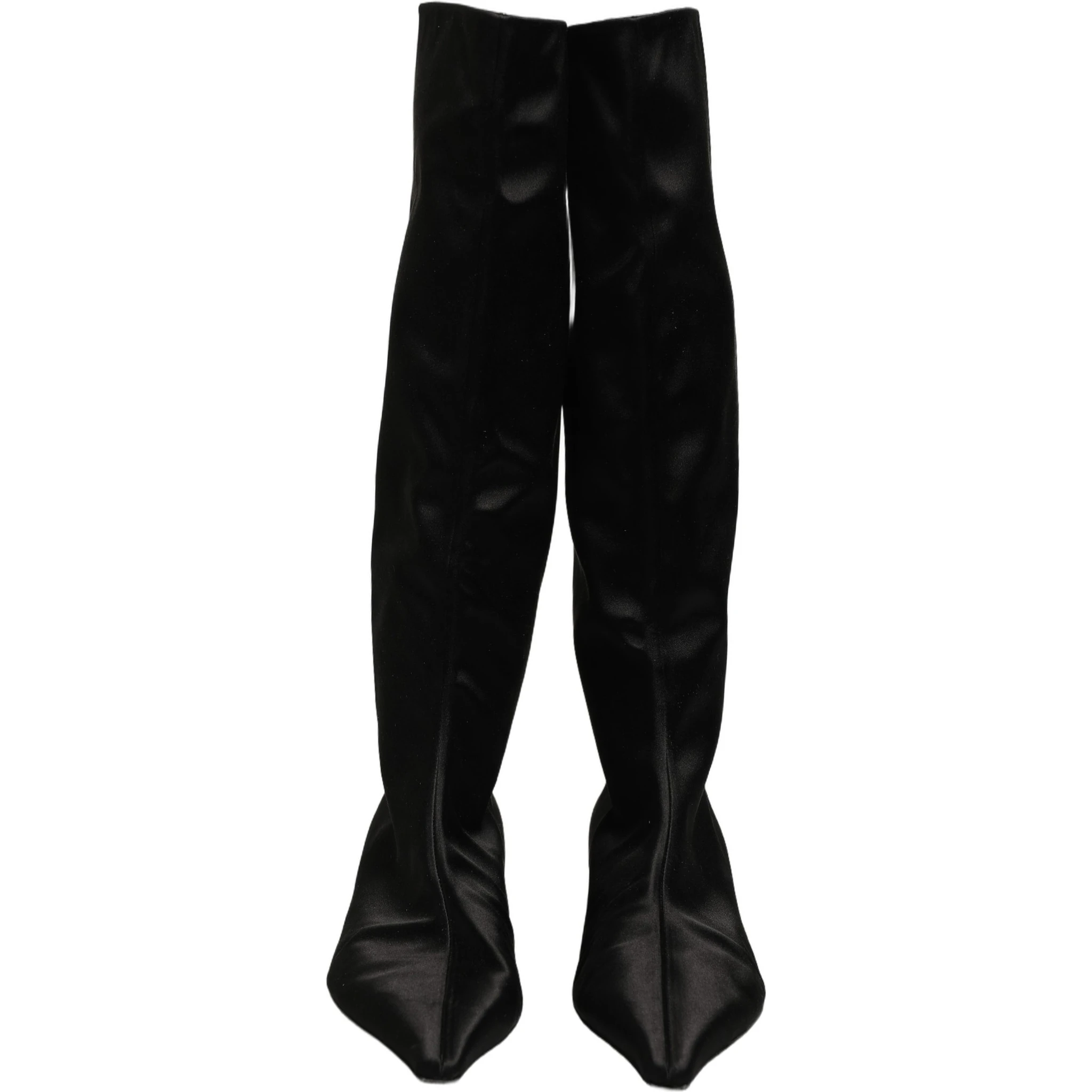 Black Satin Knee High Kitten Boots Shoes