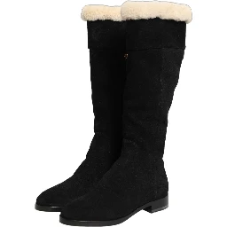 Suede Leather Knee High Boots Black