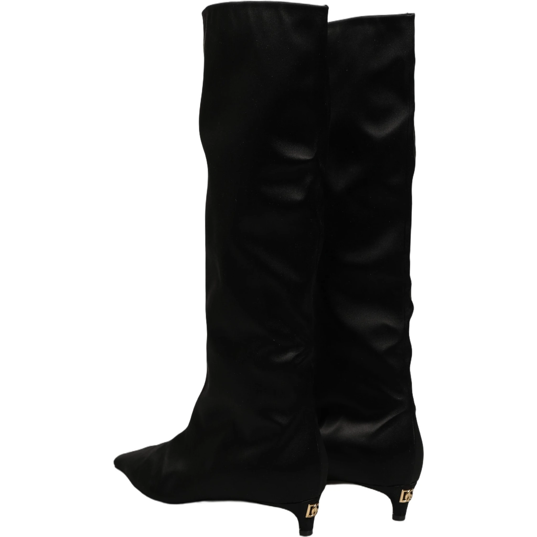 Black Satin Knee High Kitten Boots Shoes