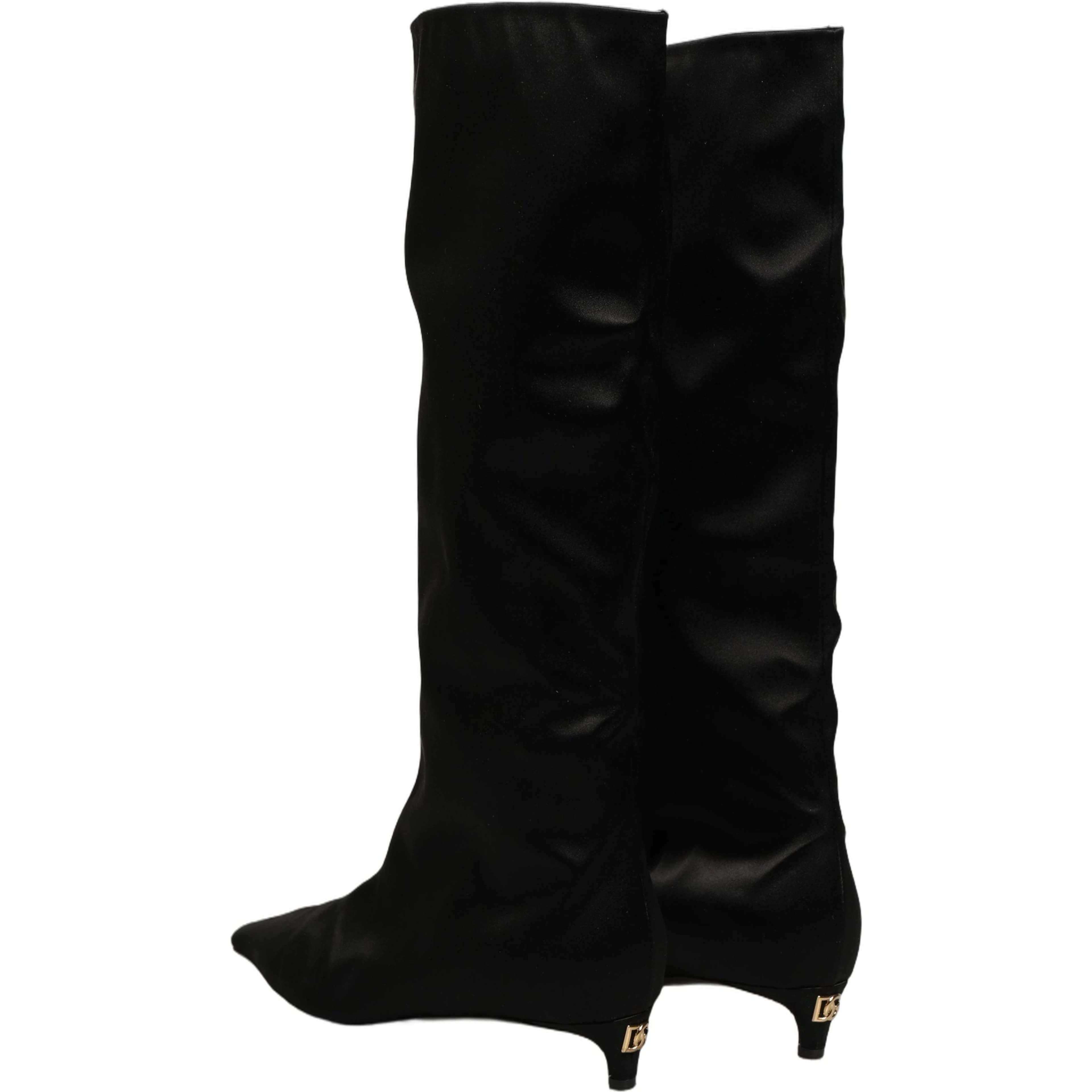 Black Satin Knee High Kitten Boots Shoes