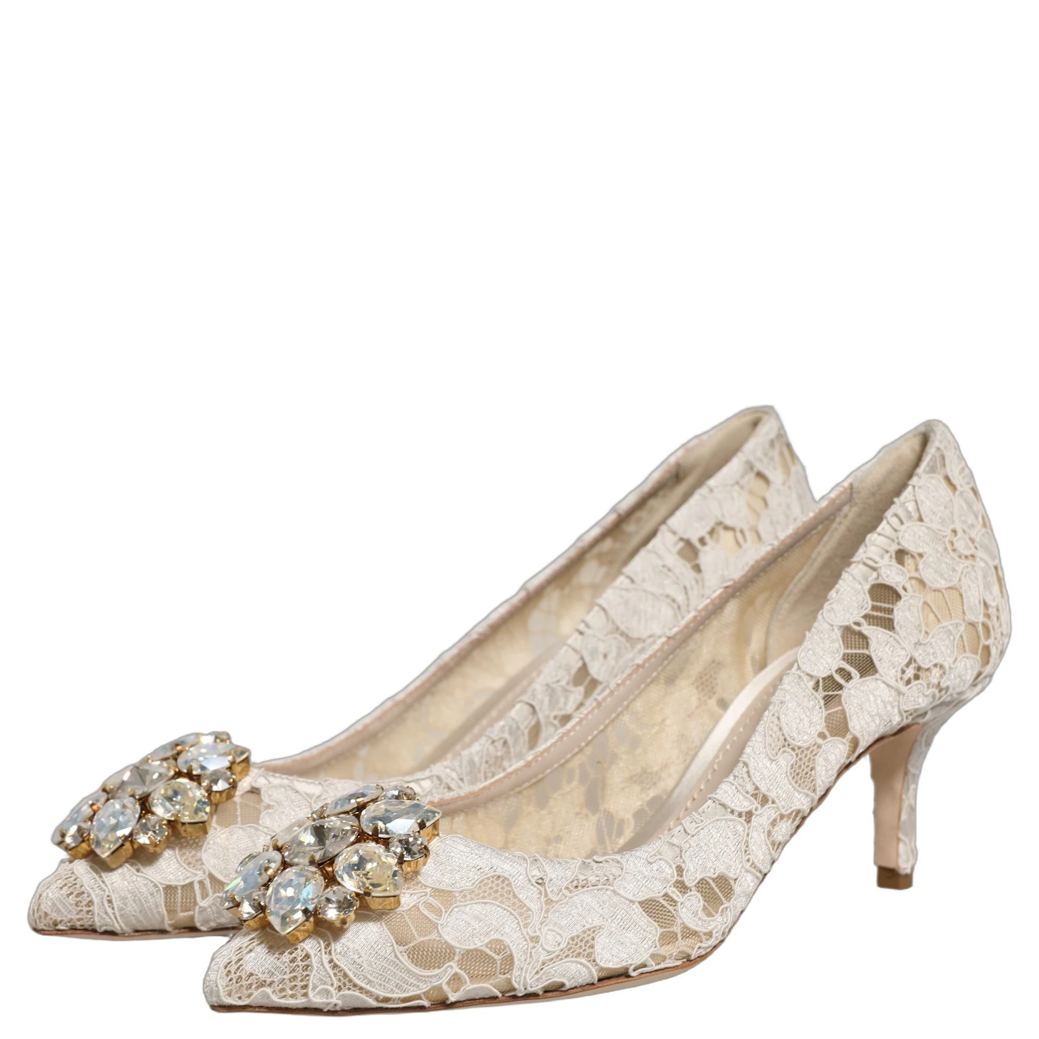 White Taormina Lace Crystal Pumps Shoes