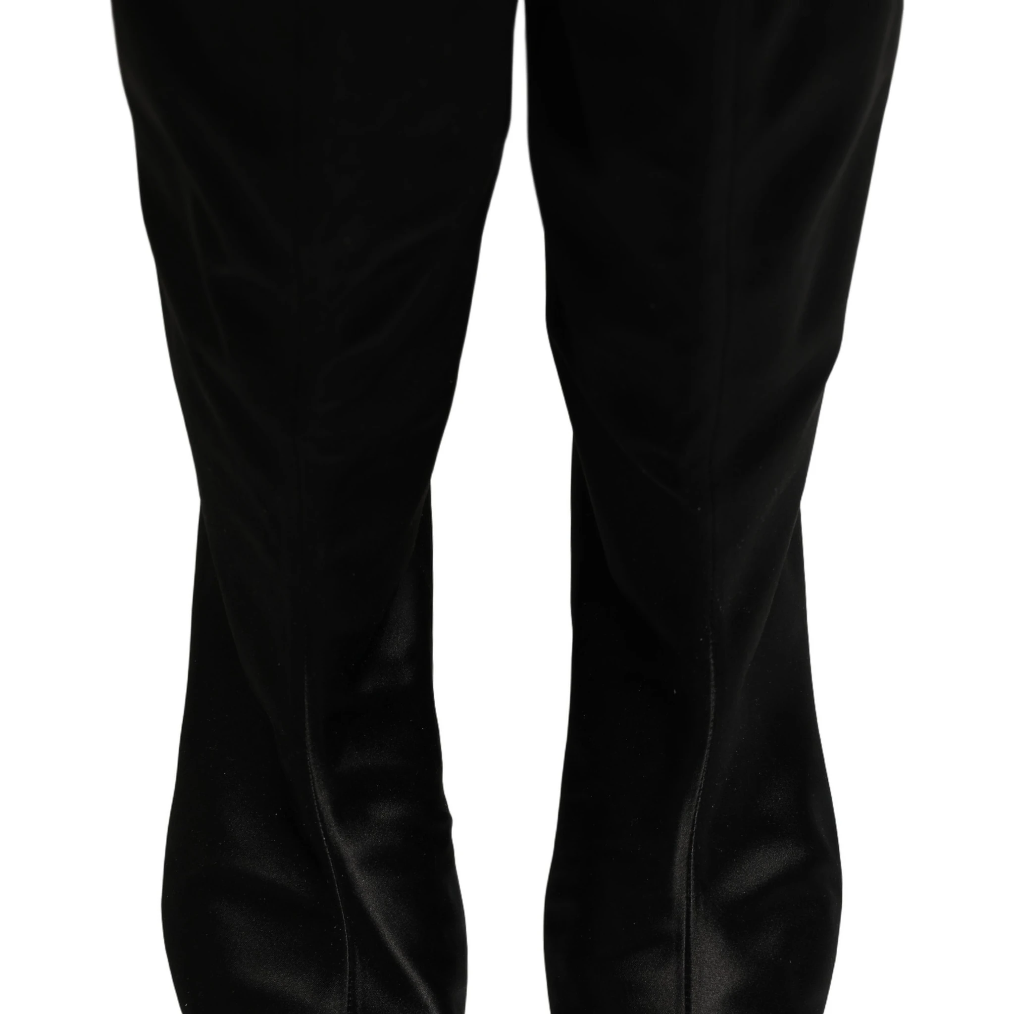 Black Satin Knee High Kitten Boots Shoes