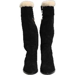 Suede Leather Knee High Boots Black