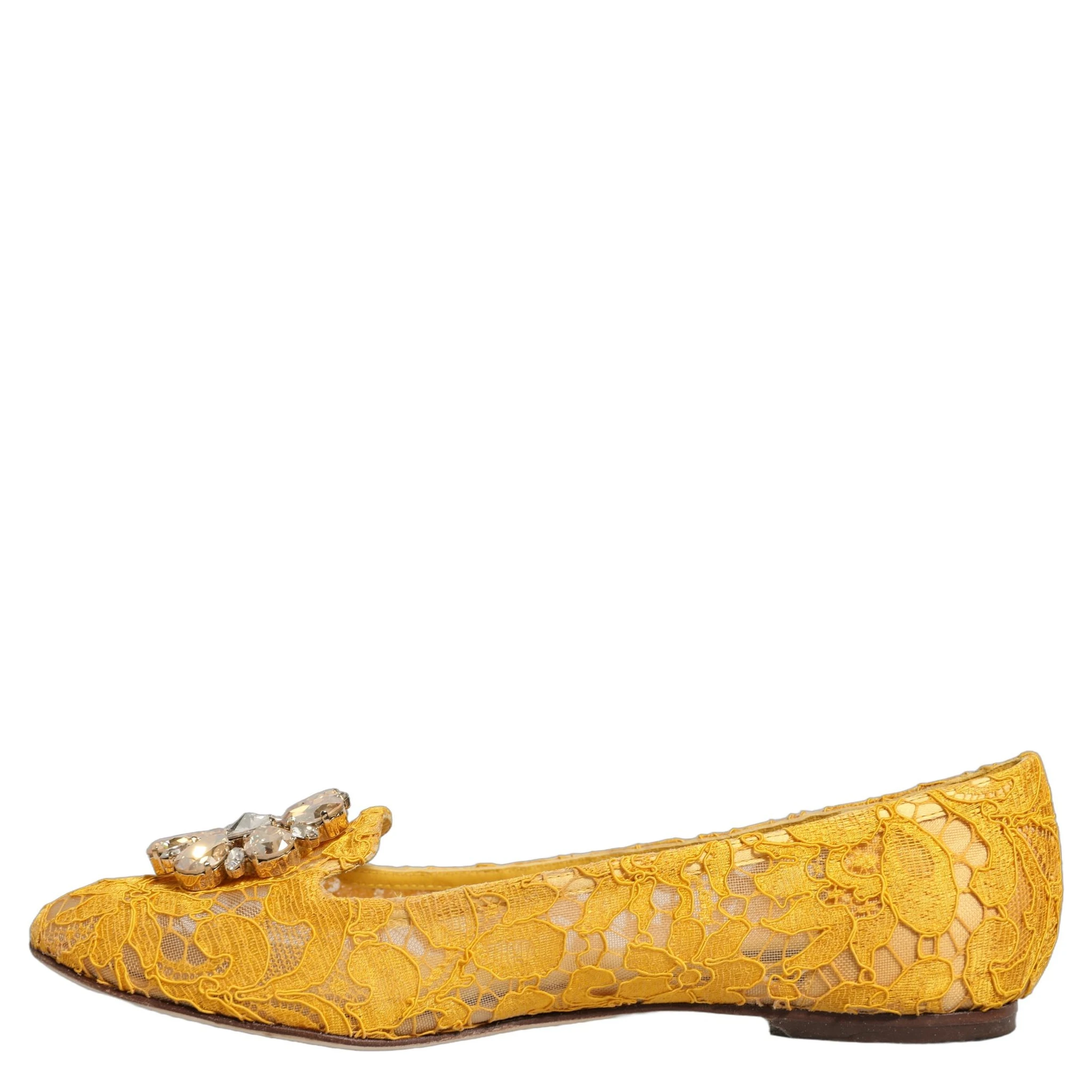 Yellow Taormina Lace Crystals Flats Shoes
