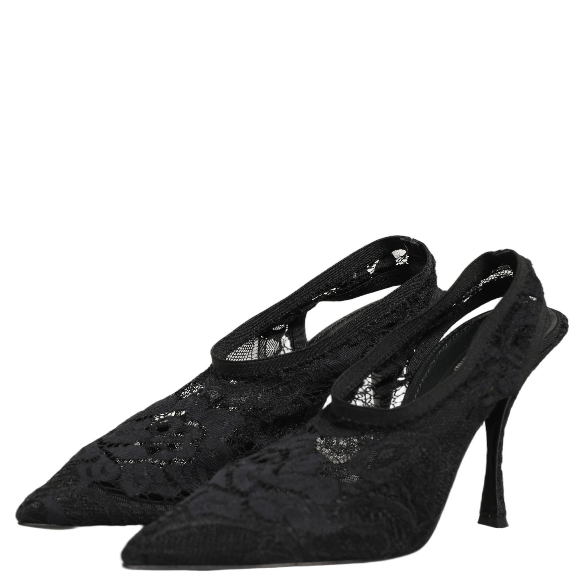 Black Lace Pointed Toe Slingback Pumps Shoes