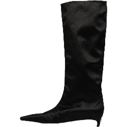 Black Satin Knee High Kitten Boots Shoes