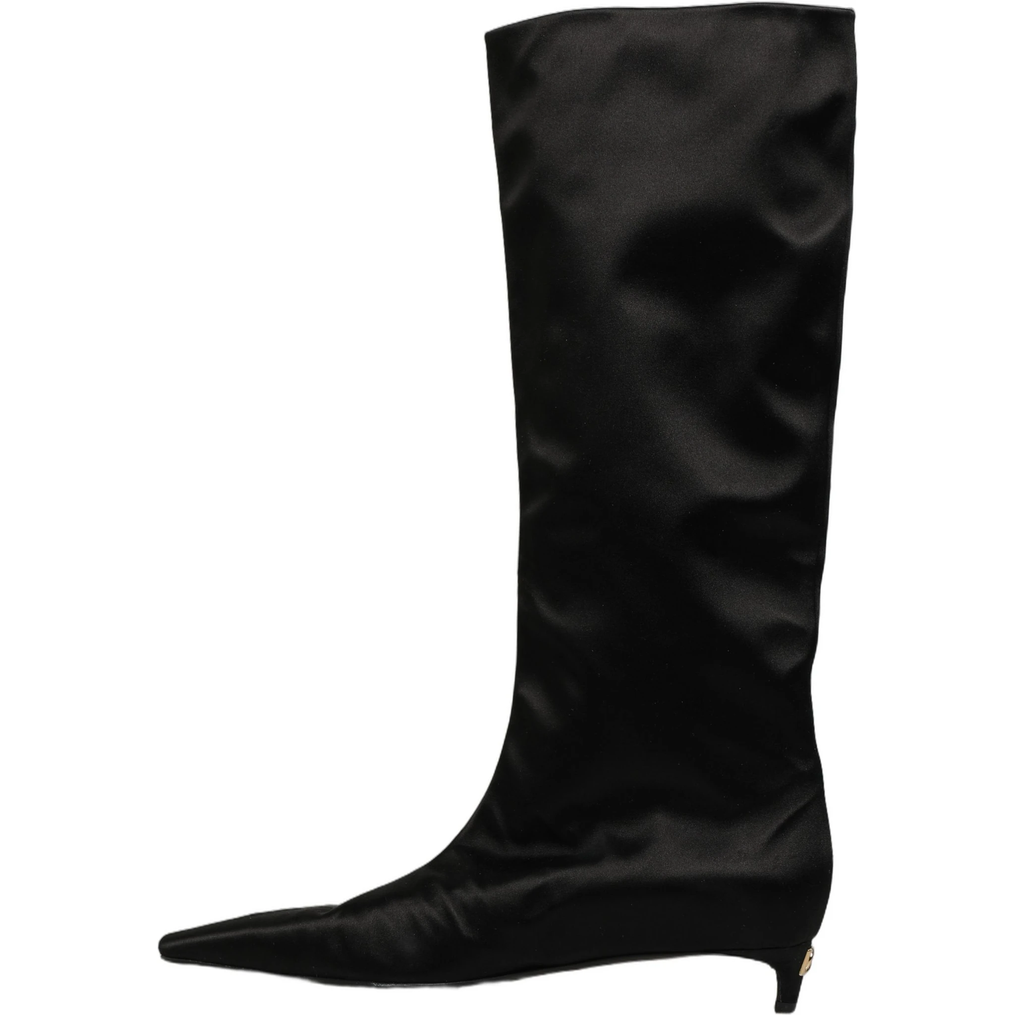 Black Satin Knee High Kitten Boots Shoes