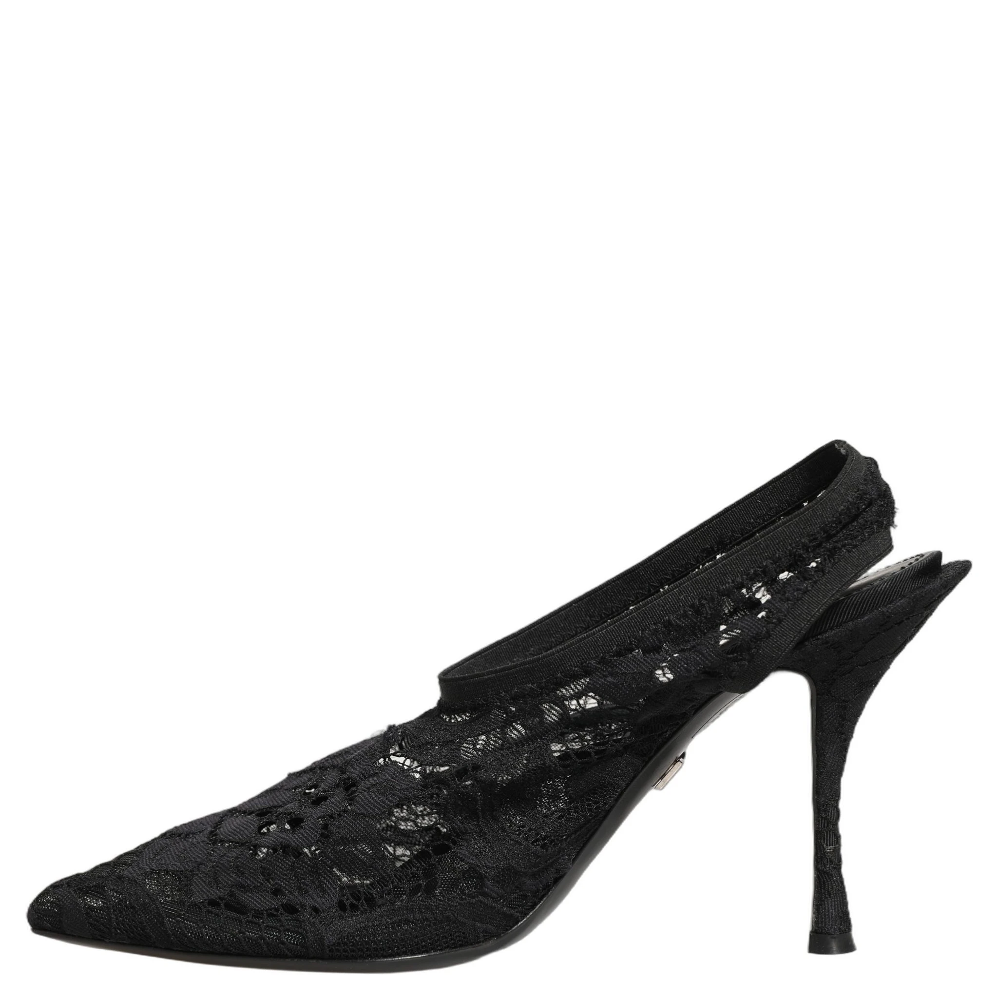 Black Lace Pointed Toe Slingback Pumps Shoes
