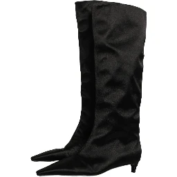 Black Satin Knee High Kitten Boots Shoes