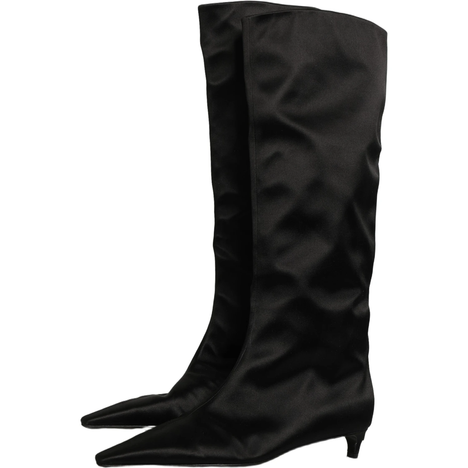 Black Satin Knee High Kitten Boots Shoes