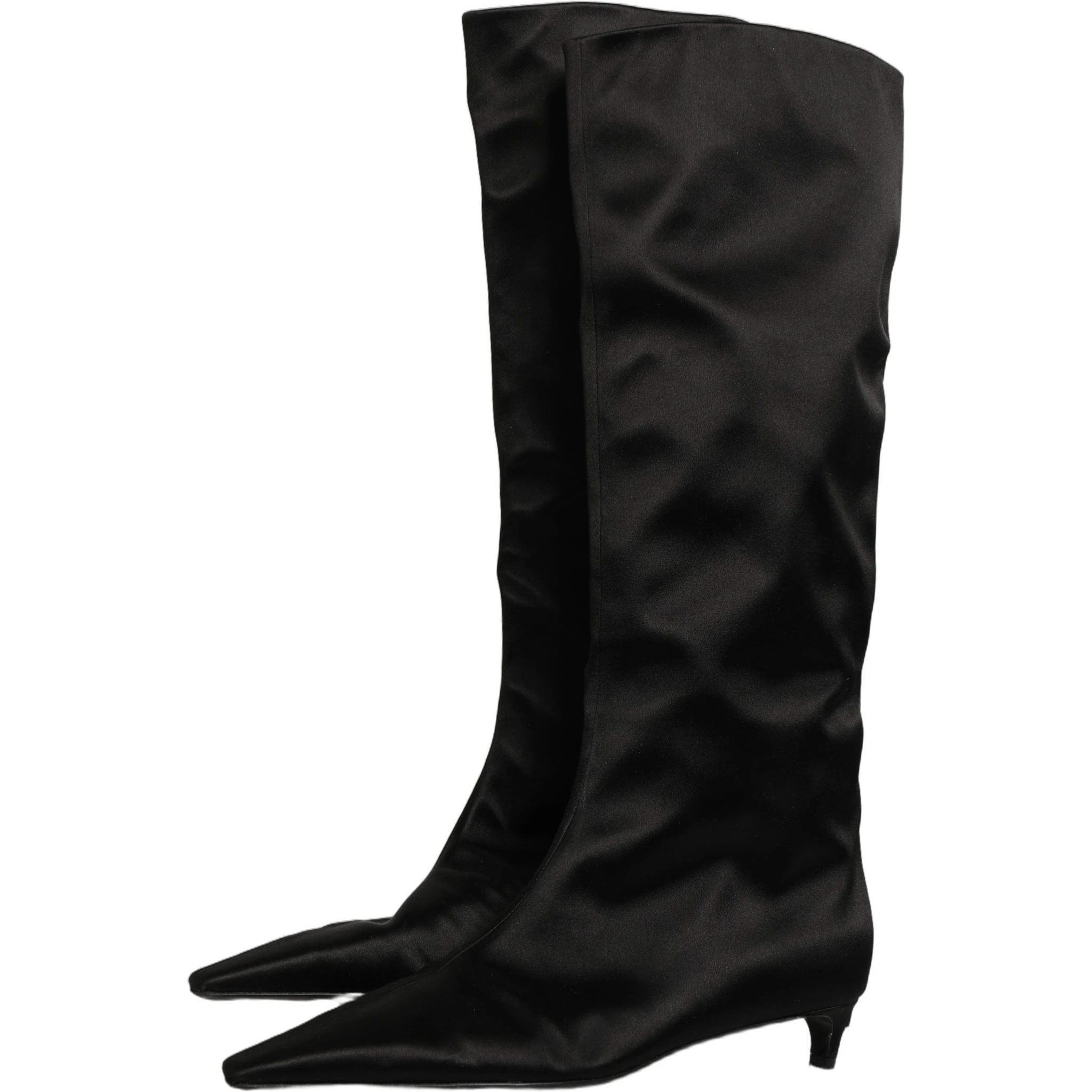 Black Satin Knee High Kitten Boots Shoes