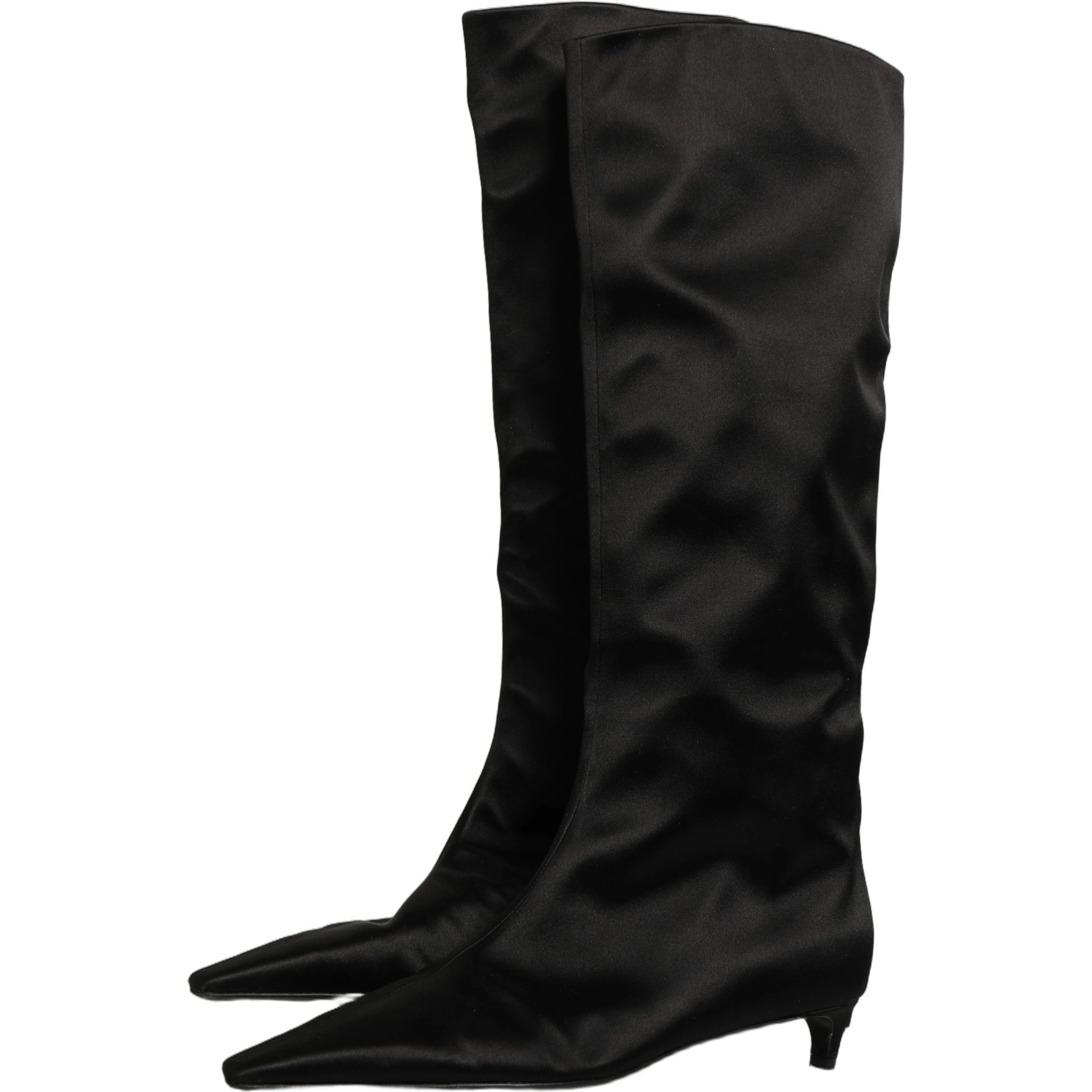Black Satin Knee High Kitten Boots Shoes