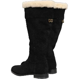 Suede Leather Knee High Boots Black
