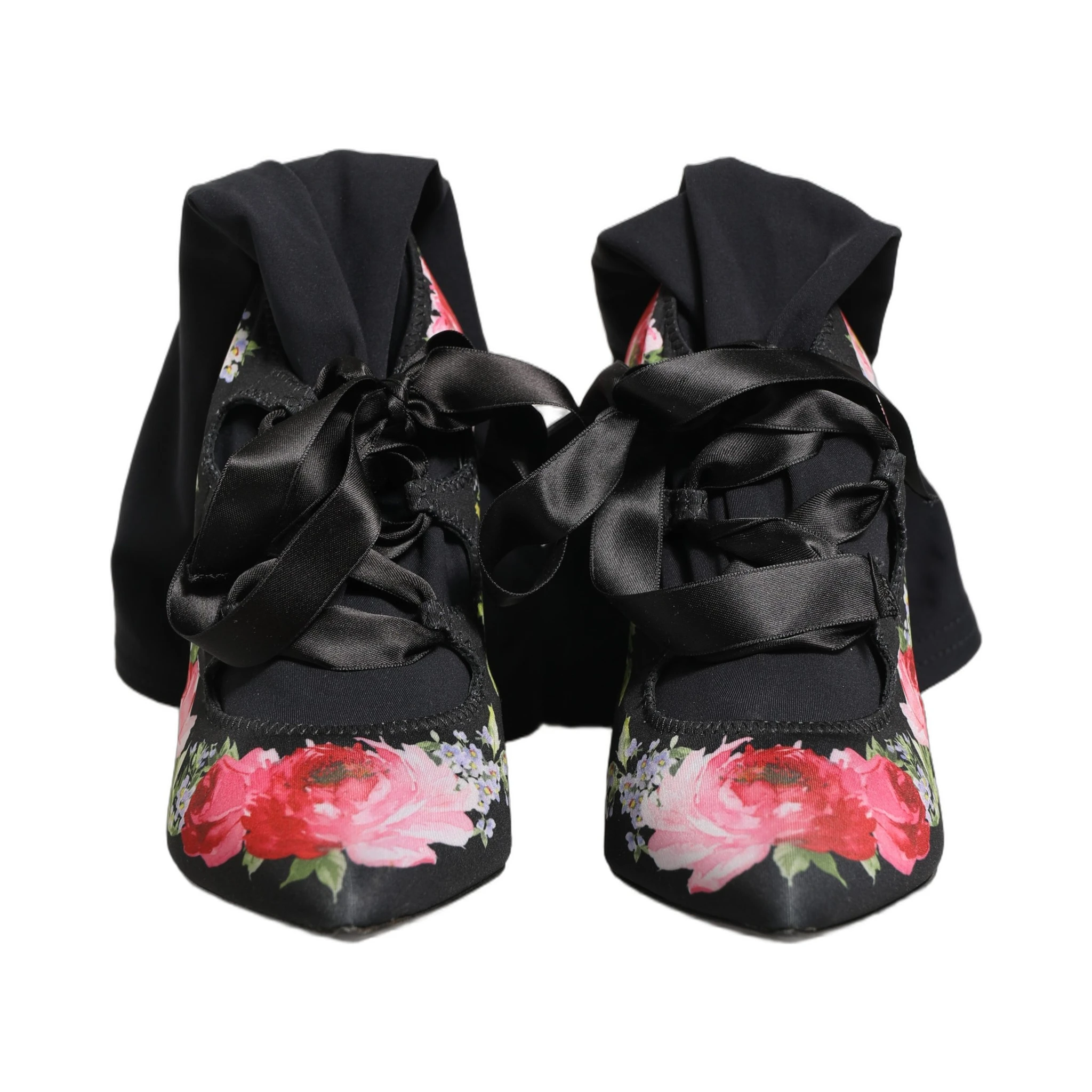 Black Floral Stiletto Mid Calf Boots Shoes