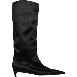 Black Satin Knee High Kitten Boots Shoes