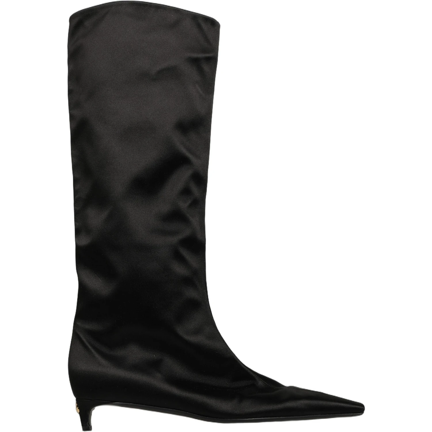 Black Satin Knee High Kitten Boots Shoes