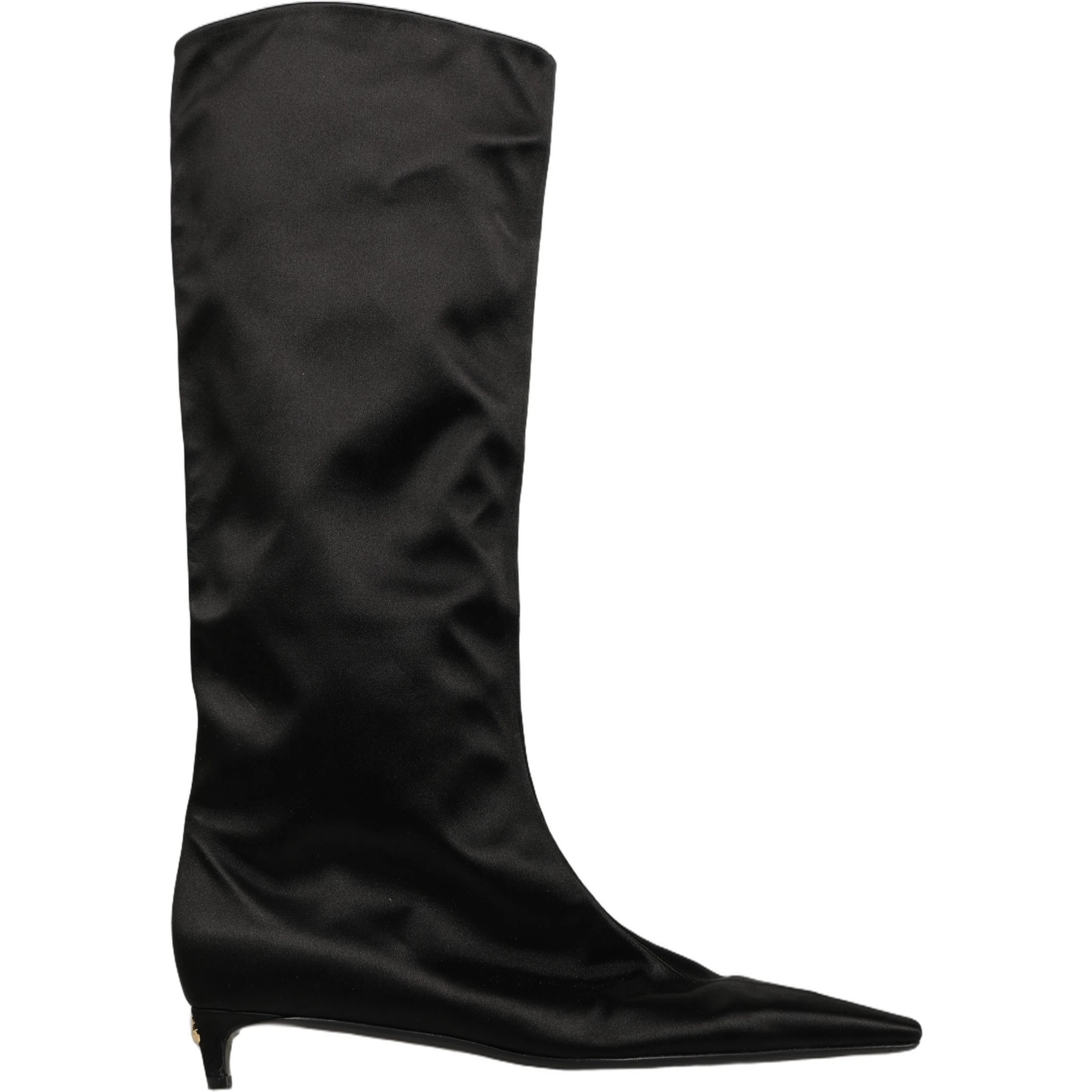 Black Satin Knee High Kitten Boots Shoes