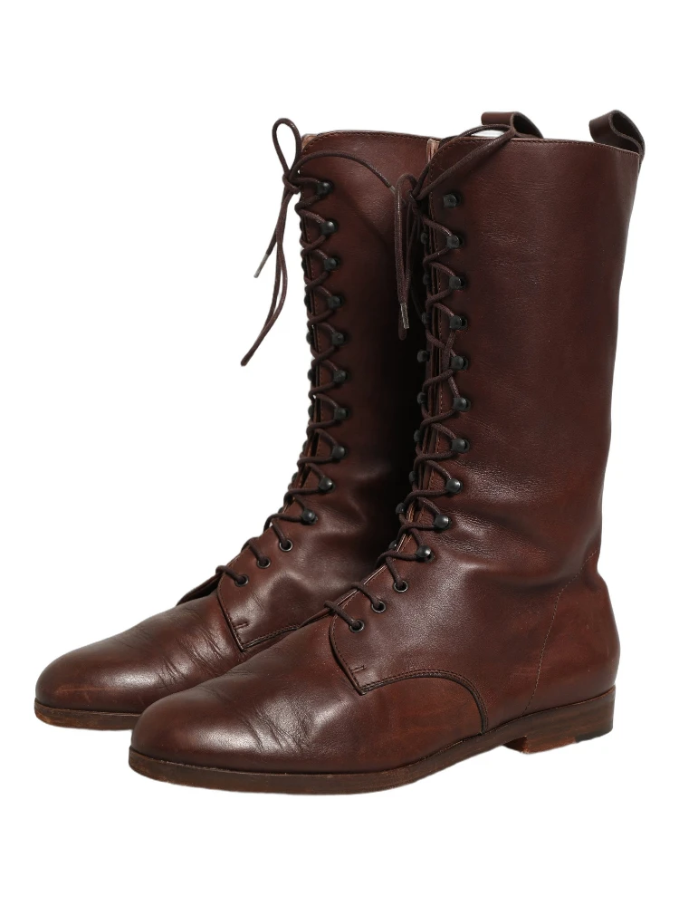 Brown Leather Lace Up Mid Calf Boots Shoes